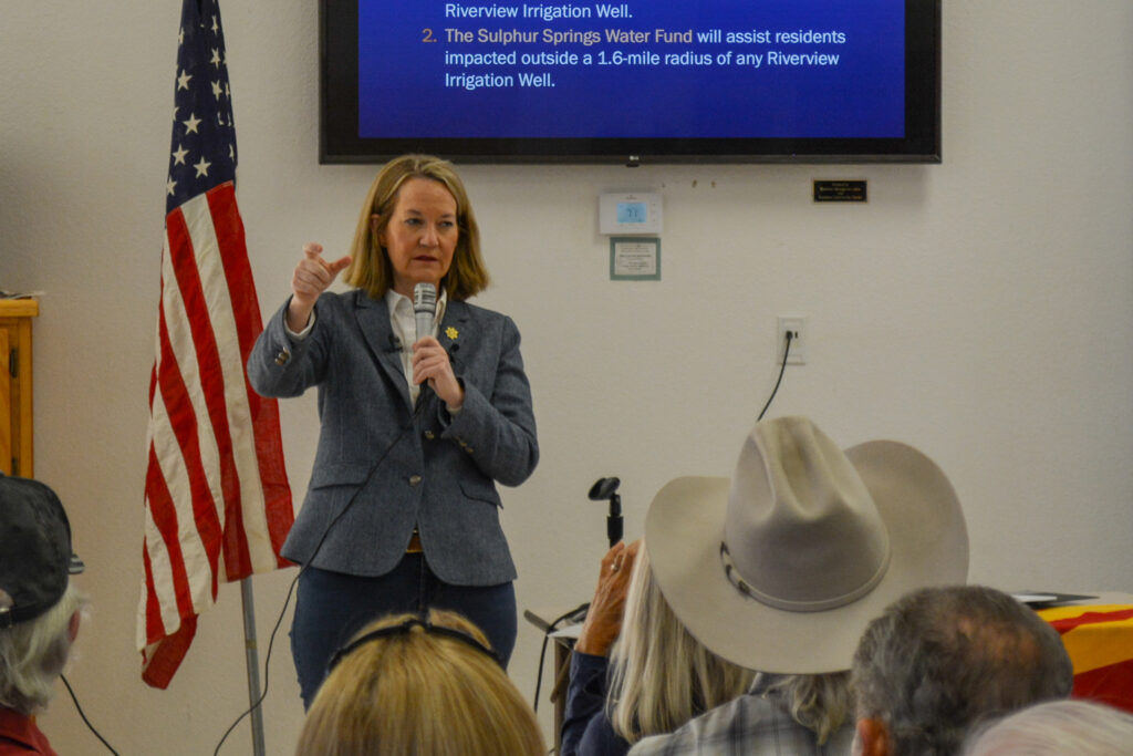 Arizona Attorney General Kris Mayes speaks to locals at a town hall in Pearce, Ariz., announcing a settlement between her office and Riverview LLC. Credit: Wyatt Myskow/Inside Climate News
