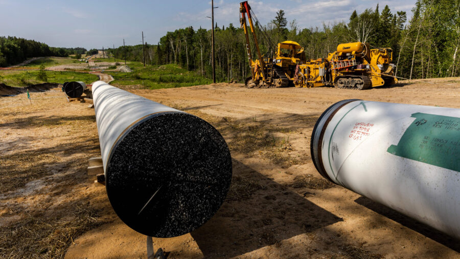 Sections of the Enbridge Line 3 pipeline are seen at a construction site in Park Rapids, Minn., in 2021. Credit: Kerem Yucel/AFP via Getty Images