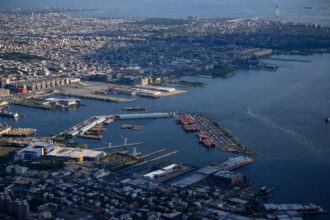 An aerial view of the South Brooklyn Marine Terminal in Sunset Park. The terminal will house Empire Wind’s long-term Operations and Maintenance Base. Credit: Ed Jones/AFP via Getty Images