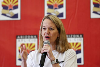 Arizona Attorney General Kris Mayes speaks at an election event on Nov. 2, 2024, in Phoenix. Credit: Mario Tama/Getty Images