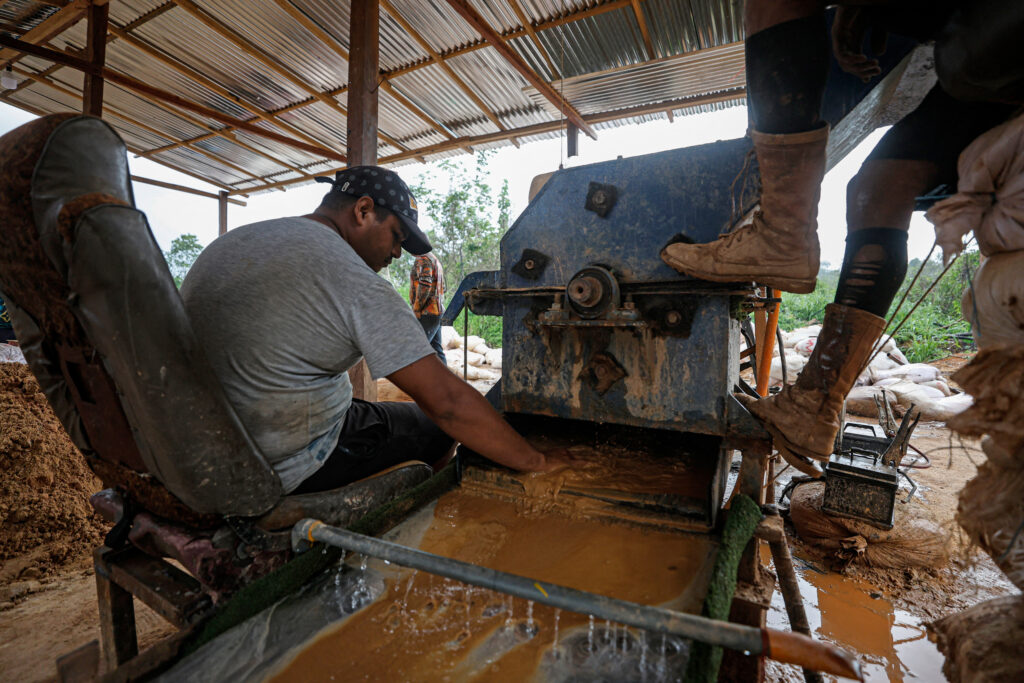 Men work at an artisanal gold mine in the town of El Dorado, Venezuela, on May 25, 2025. El Dorado is part of a region christened by the government as the Arco Minero del Orinoco. Credit: Pedro Mattey/AFP via Getty Images