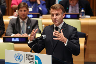 French President Emmanuel Macron delivers remarks during the “Climate Summit 2025” on the sidelines of the United Nations General Assembly at the U.N. headquarters in New York City on Sept. 24, 2025. Credit: Ludovic Marin/AFP via Getty Images