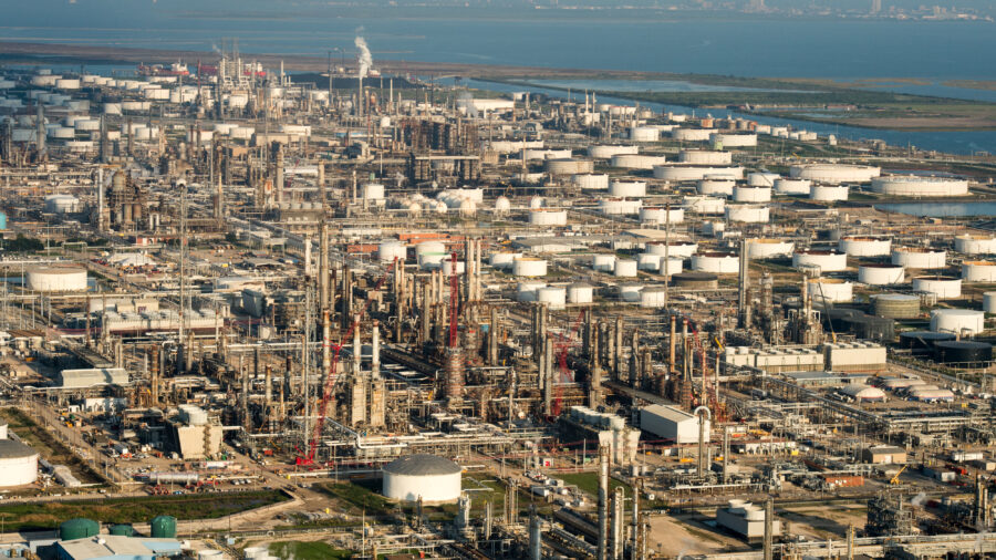 Oil refineries off of the Houston Ship Channel in Houston, Texas. According to the United Nations, "fossil fuels – coal, oil and gas – are by far the largest contributor to global climate change, accounting for around 68 per cent of global greenhouse gas emissions and nearly 90 per cent of all carbon dioxide emissions." Credit: Ken Cedeno/Corbis via Getty Images