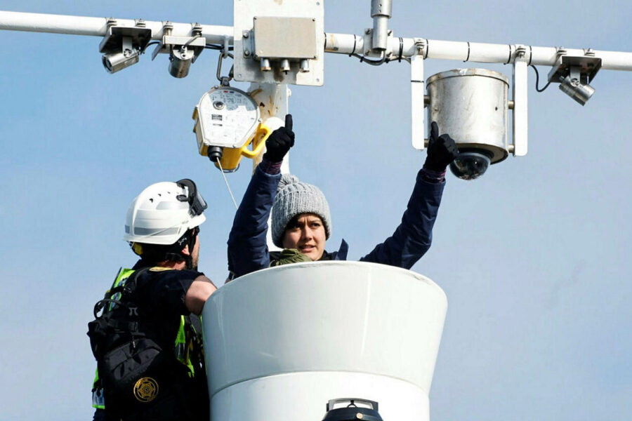 For 33 hours, Elissa Phillips and Anahita Sahar Babaei locked themselves into the crow’s nests of a whaling ship, as dozens of supporters gathered to protest whaling in Iceland on Sept. 4, 2023. Credit: Hard to Port