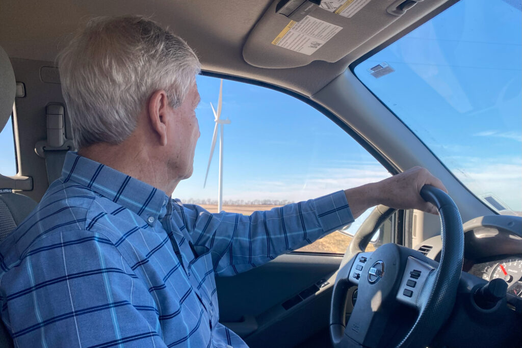 Gregg Connell examines the last turbines to be built in the Shenandoah Hills wind farm. Credit: Anika Jane Beamer/Inside Climate News