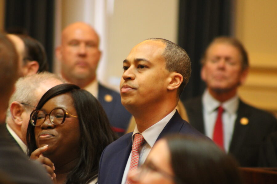 Virginia's Democratic Attorney General Jay Jones listens to Gov. Abigail Spanberger's first State of the Commonwealth address on Monday, during which she endorsed the state's rejoining of the Regional Greenhouse Gas Initiative (RGGI). Credit: Charles Paullin/Inside Climate News