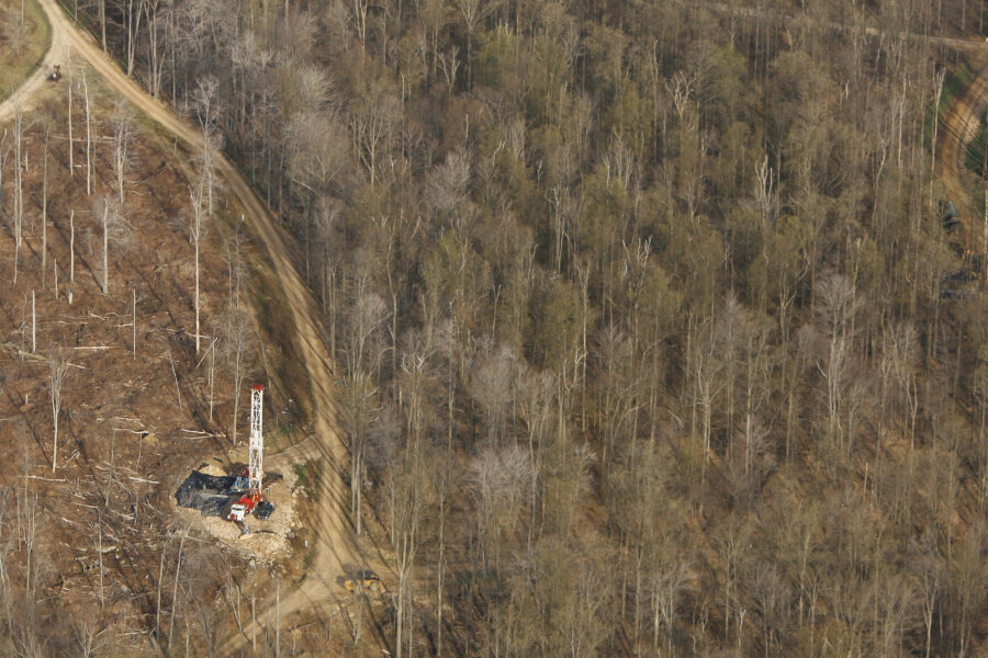 An oil rig drills near Salmon Creek in Pennsylvania's Allegheny National Forest in 2023, where more than 1,000 new oil and gas wells have been approved since October 2006. Credit: Mayra Beltran/Houston Chronicle via Getty Images