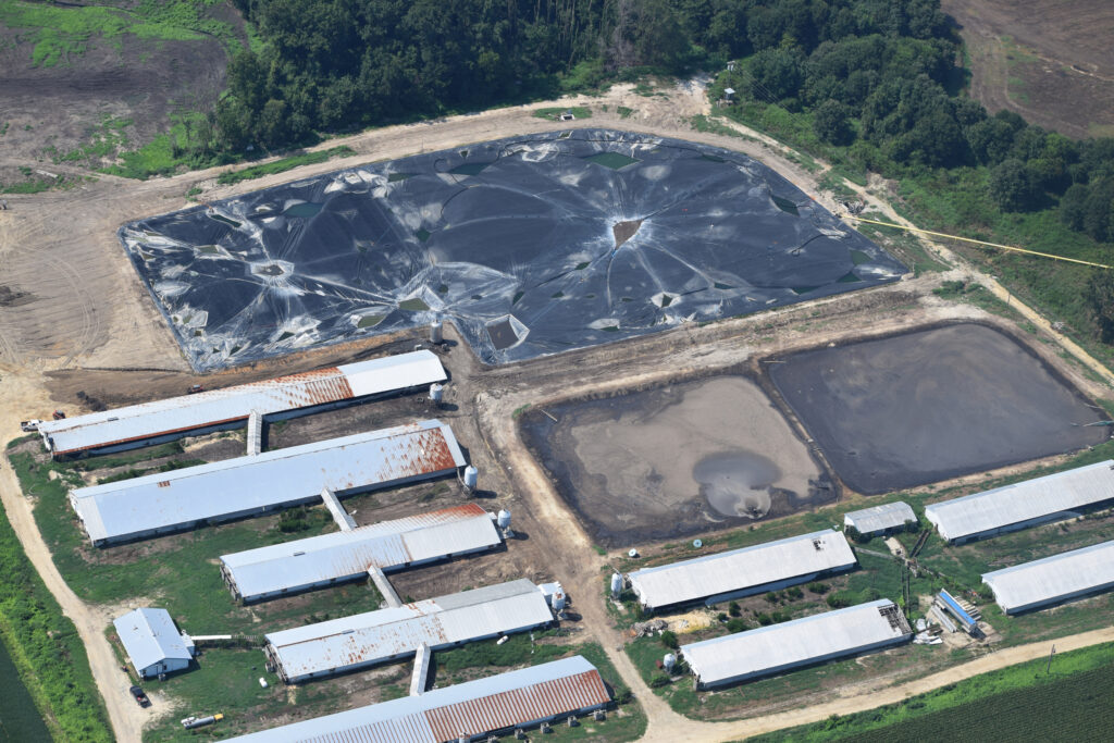 An aerial view of White Oaks Farm on August 2022, which shows a compromised anaerobic digester cover and two uncovered lagoons that contained waste. Credit: Courtesy of Samantha Krop