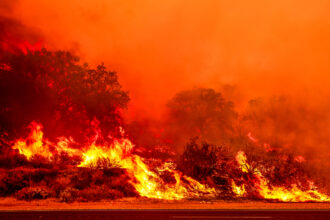 The Gifford Fire burns through 30,000 acres in Los Padres National Forest near Santa Maria, Calif., on Aug. 2, 2025. Credit: Benjamin Hanson/Middle East Images/AFP via Getty Images