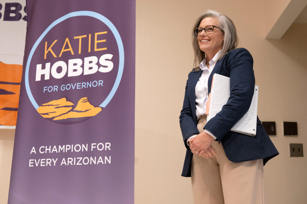 Arizona Gov. Katie Hobbs takes the stage during a campaign rally on Nov. 1, 2025, in Tucson, Ariz. Credit: Rebecca Noble/Getty Images