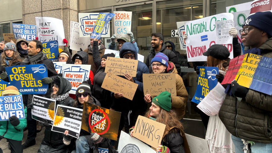 Activists advocate for New York City buildings to be less reliant on gas during a February protest in front of the National Grid office in Brooklyn. Credit: Lauren Dalban/Inside Climate News
