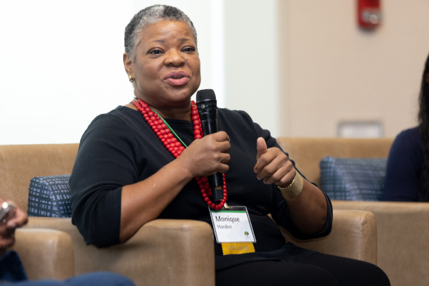 Environmental advocate and attorney Monique Harden speaks about the long history of the environmental justice movement during the 2025 CEJM Conference at UMass Boston. Credit: CEJM