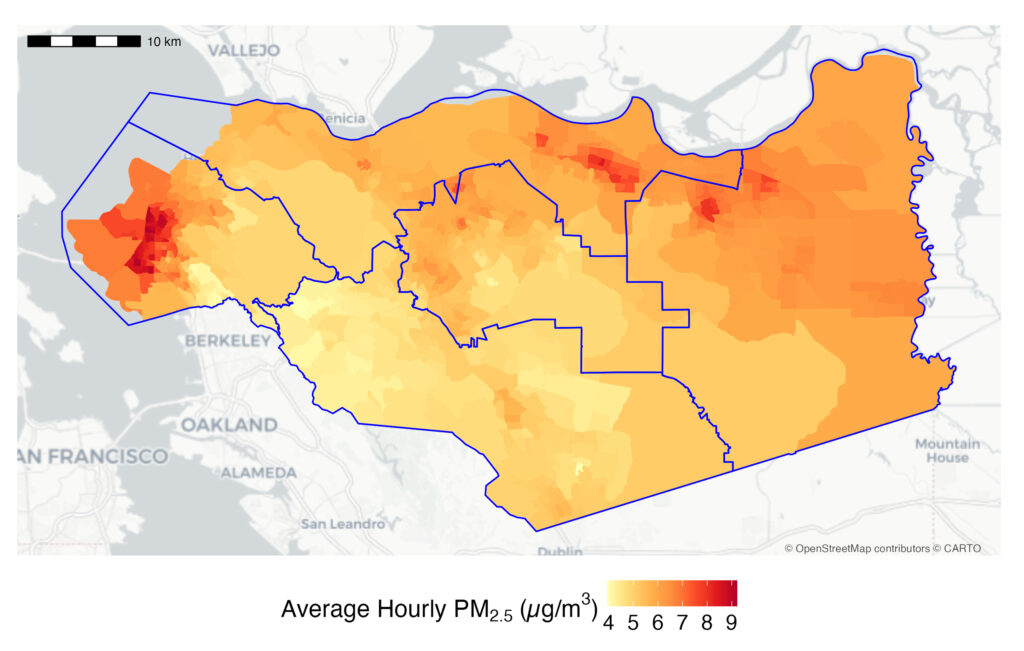 Average hourly PM2.5 concentrations across Contra Costa County at the census block group level over the study period (September 2023–May 2025). Blue boundaries reflect the supervisory districts. Credit: PSE Healthy Energy