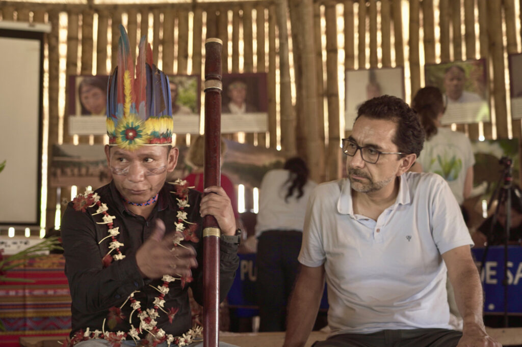 Law Professor and MOTH Director César Rodríguez Garavito (right) with Hernán Malaver, president of the Kichwa Indigenous People of Sarayaku, at MOTH’s annual gathering, held in 2024 in Sarayaku, Ecuador. Credit: Diego Forero and Valerio Santi