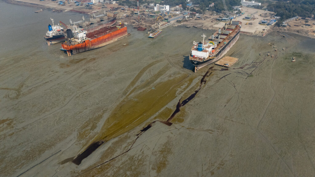 The shipbreaking yards of Sitakunda, Bangladesh stretch 11-miles along the coast. Credit: Spencer Call/NGO Shipbreaking Platform.