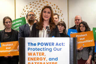 Jen Walling, chief executive officer of the Illinois Environmental Council, spoke in support of the POWER Act at a press conference in Chicago on Feb. 11. Credit: Keerti Gopal/Inside Climate News