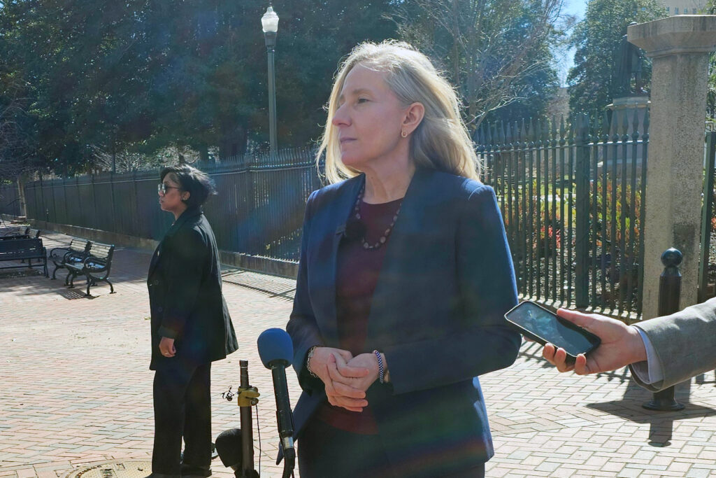 Gov. Abigail Spanberger takes questions before giving a response to President Donald Trump’s State of the Union. Credit: Charles Paullin/Inside Climate News