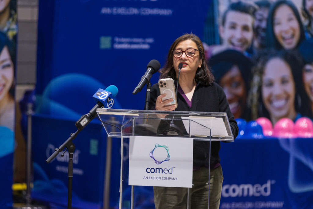 Megha Lakhchaura speaks during the ComEd press conference at the Chicago Auto Show media preview day on Feb. 6. Credit: Courtesy of ComEd