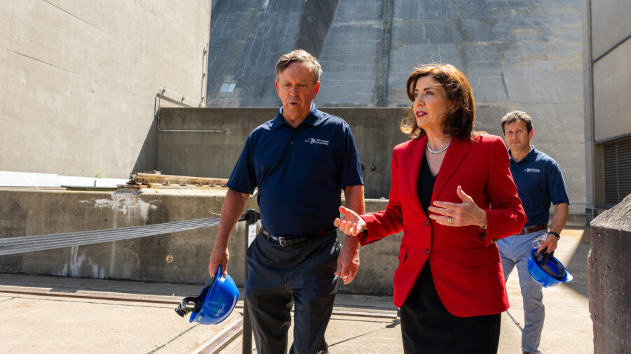 Gov. Kathy Hochul makes an announcement at the Niagara Power Project on June 23, 2025, directing the New York Power Authority to construct an advanced nuclear power plant upstate. Credit: Darren McGee/Office of Governor Kathy Hochul