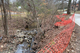 A creek flows near a public recreation center in Durham, N.C., where chemicals are seeping into the waterway about a half-mile upstream. Credit: Lisa Sorg/Inside Climate News