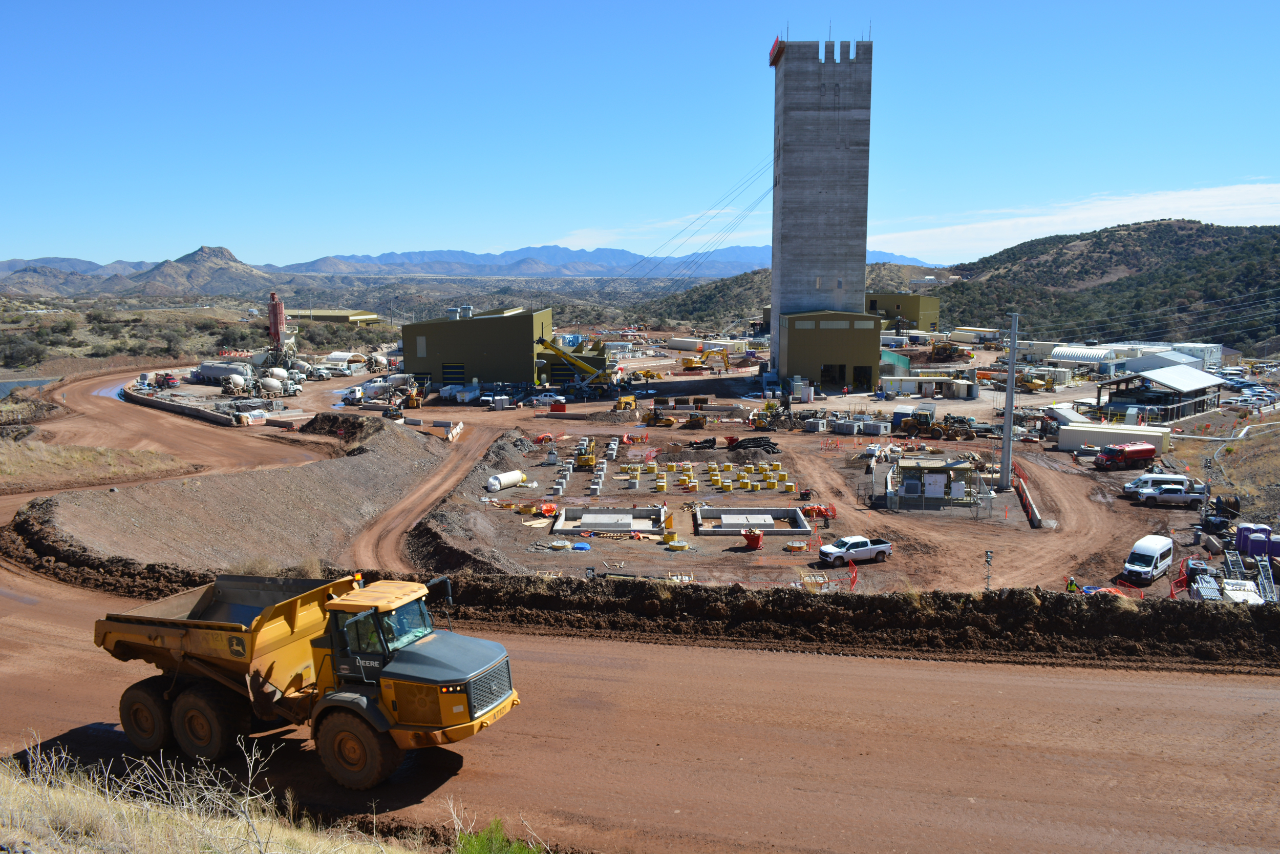 Construction is seen at the two mine shafts for South32’s Hermosa project on Feb. 18 in Patagonia, Ariz. The shafts are already more than 1,200 feet into the earth, while digging another seven feet each day. Credit: Wyatt Myskow/Inside Climate News
