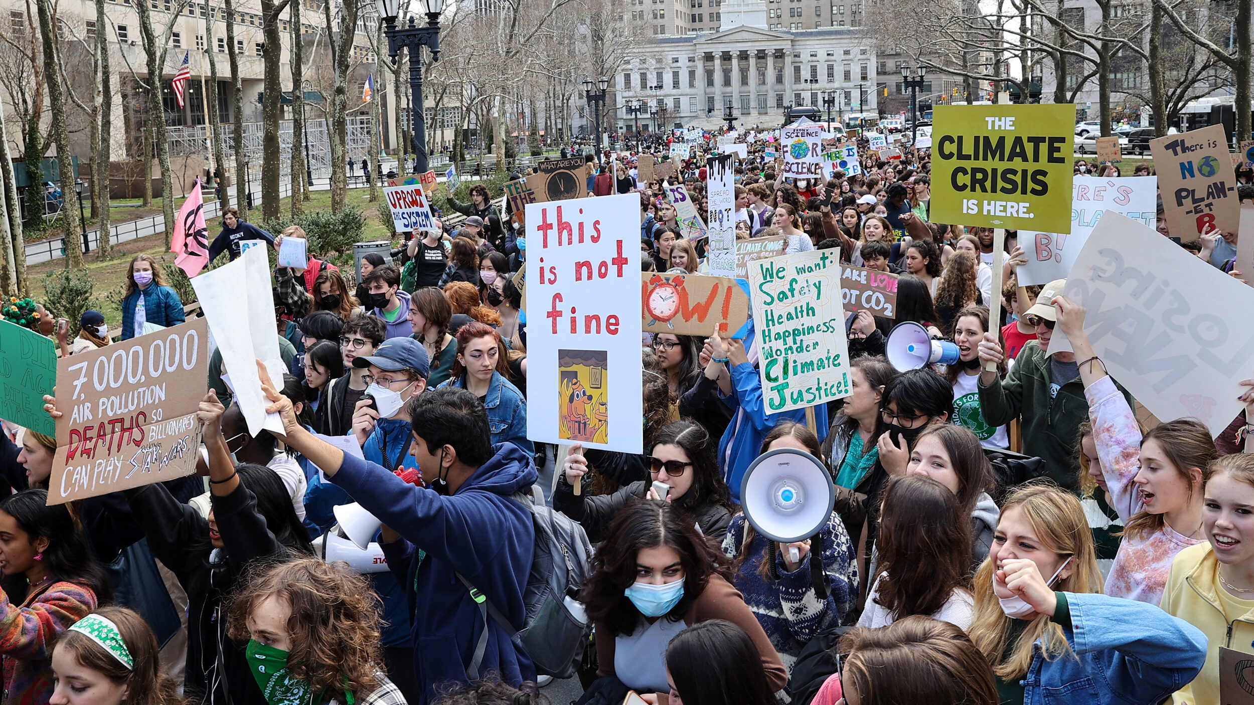 Students and Extinction Rebellion activists gather outside of Brooklyn Borough Hall before crossing the Brooklyn Bridge as part of a climate demonstration in New York City on March 25, 2022. Credit: Tayfun Coskun/Anadolu Agency via Getty Images