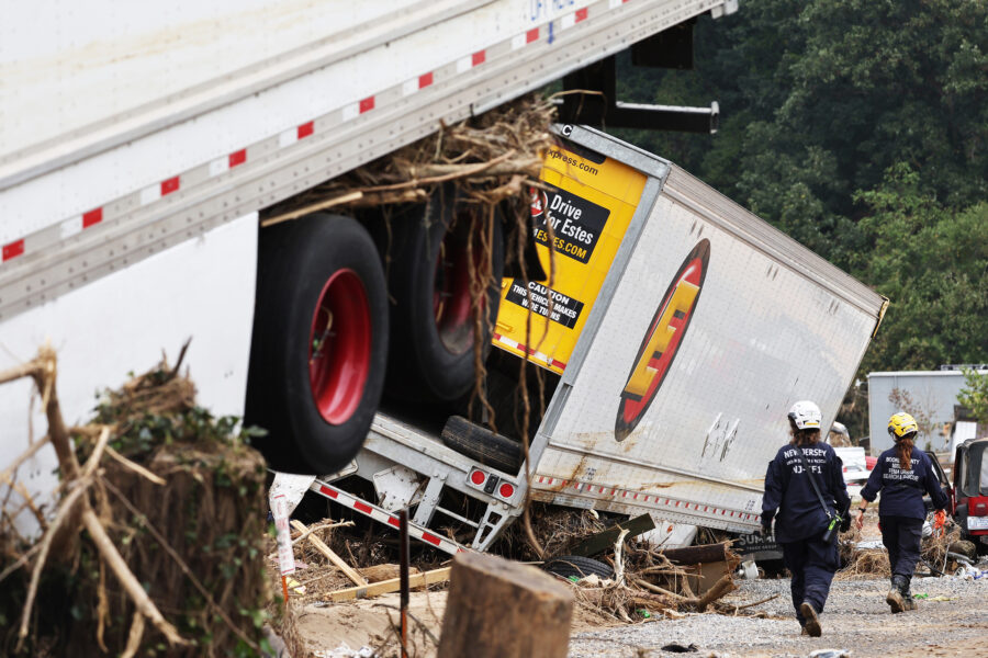 FEMA Urban Search and Rescue Task Force members search a flood damaged area in the aftermath of Hurricane Helene on Oct. 4, 2024, in Asheville, N.C. Credit: Mario Tama/Getty Images
