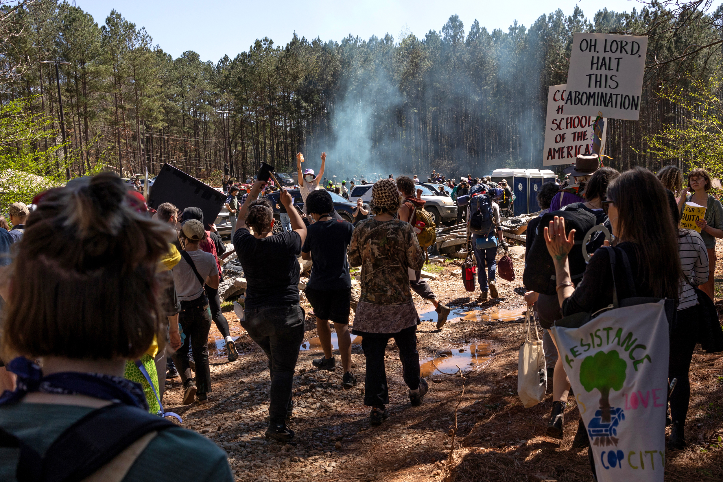 Environmental activists reoccupy the Atlanta Forest as it was scheduled to be developed into a police training center on March 4, 2023. Credit: Andrew Lichtenstein/Corbis via Getty Images