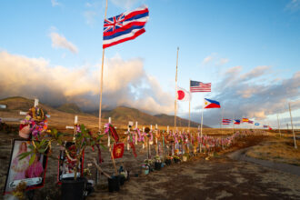 A community memorial in Lahaina, Hawaii, honors those lost in the devastation of the 2023 Maui wildfires. Credit: AaronP/Bauer-Griffin/GC Images