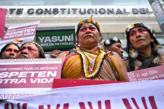 Waorani Indigenous leaders protest oil exploitation in Yasuni National Park in front of Quito’s Constitutional Court on Aug. 20, 2025. Credit: Rodrigo Buendia/AFP via Getty Images