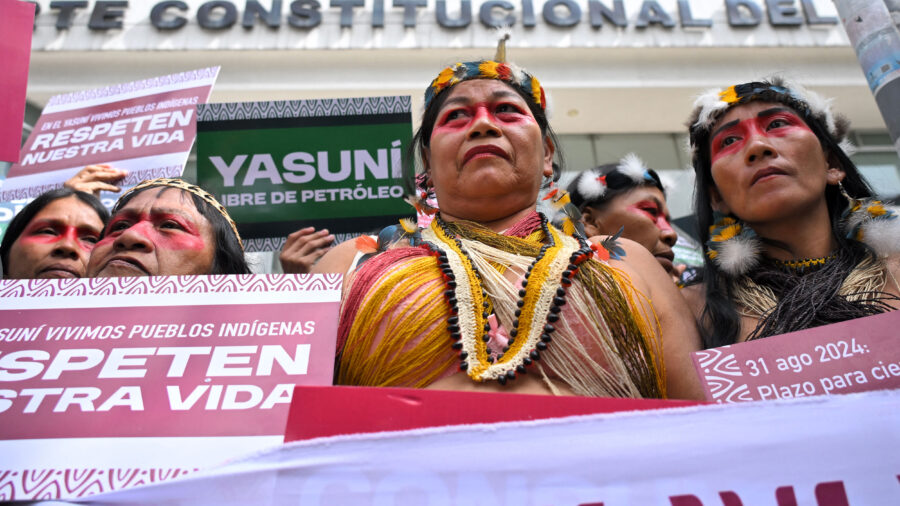 Waorani Indigenous leaders protest oil exploitation in Yasuni National Park in front of Quito’s Constitutional Court on Aug. 20, 2025. Credit: Rodrigo Buendia/AFP via Getty Images