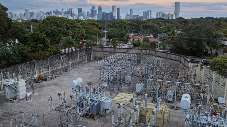 High voltage power lines run through a sub-station along the power grid in Miami on Jan. 14. Credit: Joe Raedle/Getty Images