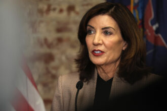 New York Gov. Kathy Hochul speaks to the media on Feb. 10 in New York City. Credit: Spencer Platt/Getty Images