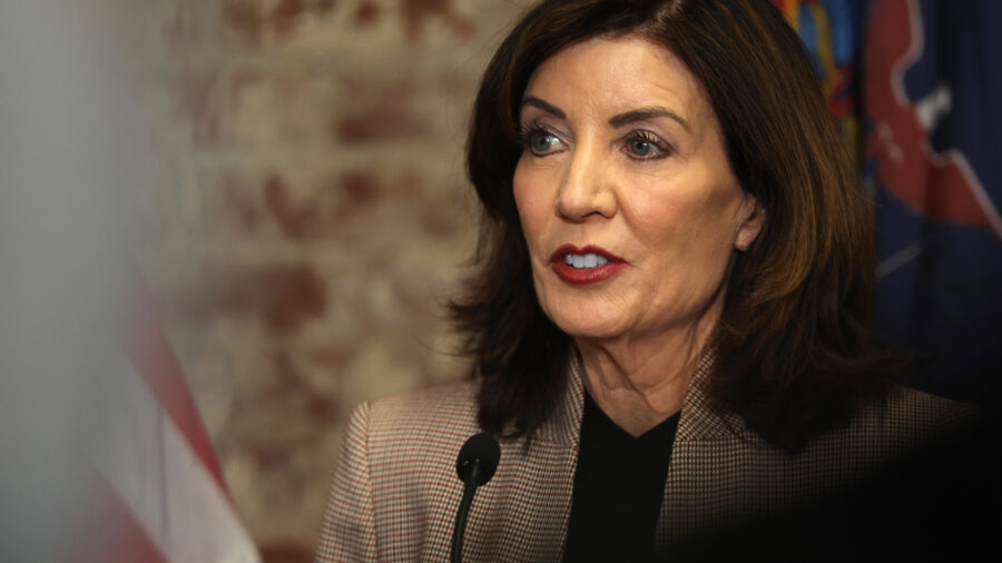New York Gov. Kathy Hochul speaks to the media on Feb. 10 in New York City. Credit: Spencer Platt/Getty Images