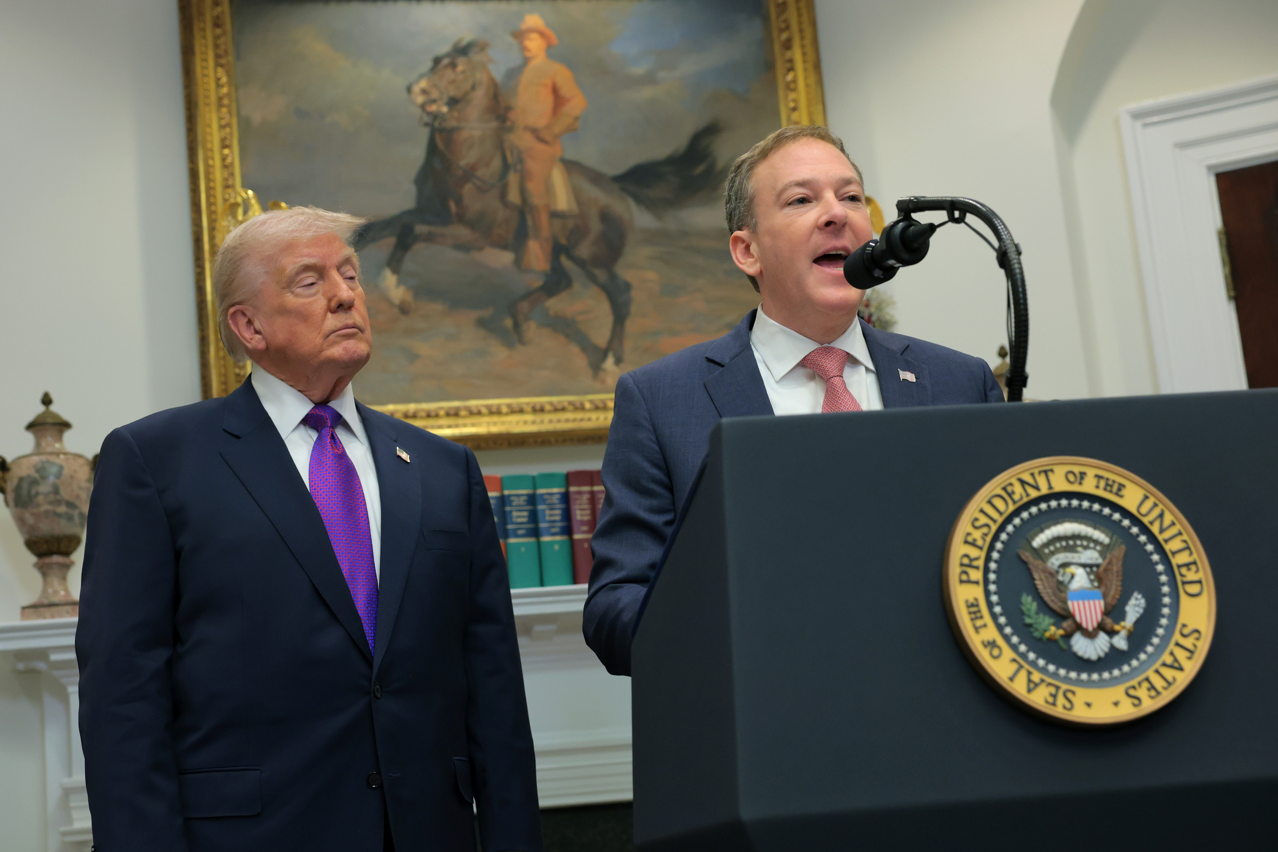 EPA Administrator Lee Zeldin speaks alongside President Donald Trump in the Roosevelt Room at the White House on Feb. 12. Credit: Anna Moneymaker/Getty Images