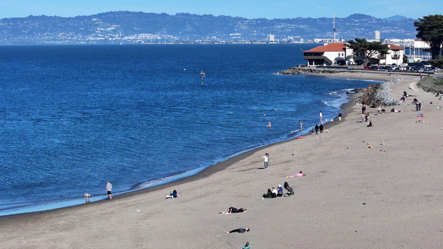 People spend time on Crissy Field Beach during warm weather in San Francisco on March 11. Credit: Tayfun Coskun/Anadolu via Getty Images