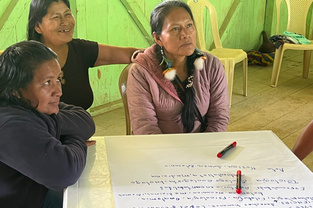 Victoria Tseremp, Isabel Ushap and Nancy Antún participate in an Ecoforensic session in Maikiuants, Ecuador, on Nov. 28, 2025.