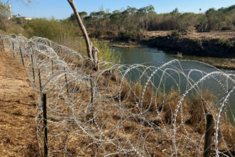 Concertina wire was recently placed along the Rio Grande in Roma, Texas, as contractors clear vegetation along the river. Credit: Martha Pskowski/Inside Climate News