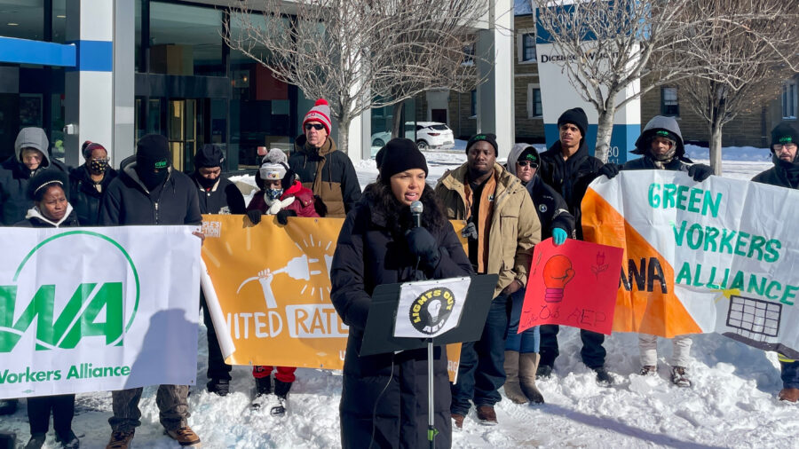 Morgan Harper, a community organizer and former U.S. Senate candidate, speaks at a protest in January outside the offices of the Public Utilities Commission of Ohio in Columbus, urging officials to reject a rate increase from the local utility. Credit: George Shillcock/WOSU