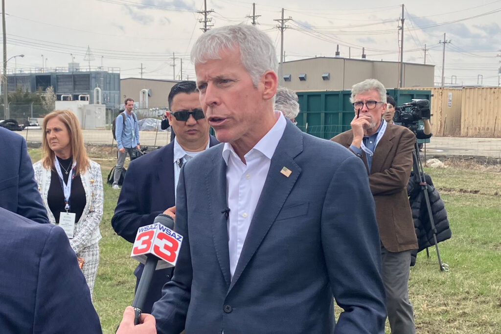 Energy Secretary Chris Wright speaks to reporters on March 20 following a groundbreaking for a data center and power plant being developed by SoftBank and SB Energy on federal property in Piketon, Ohio. Credit: Dan Gearino/Inside Climate News