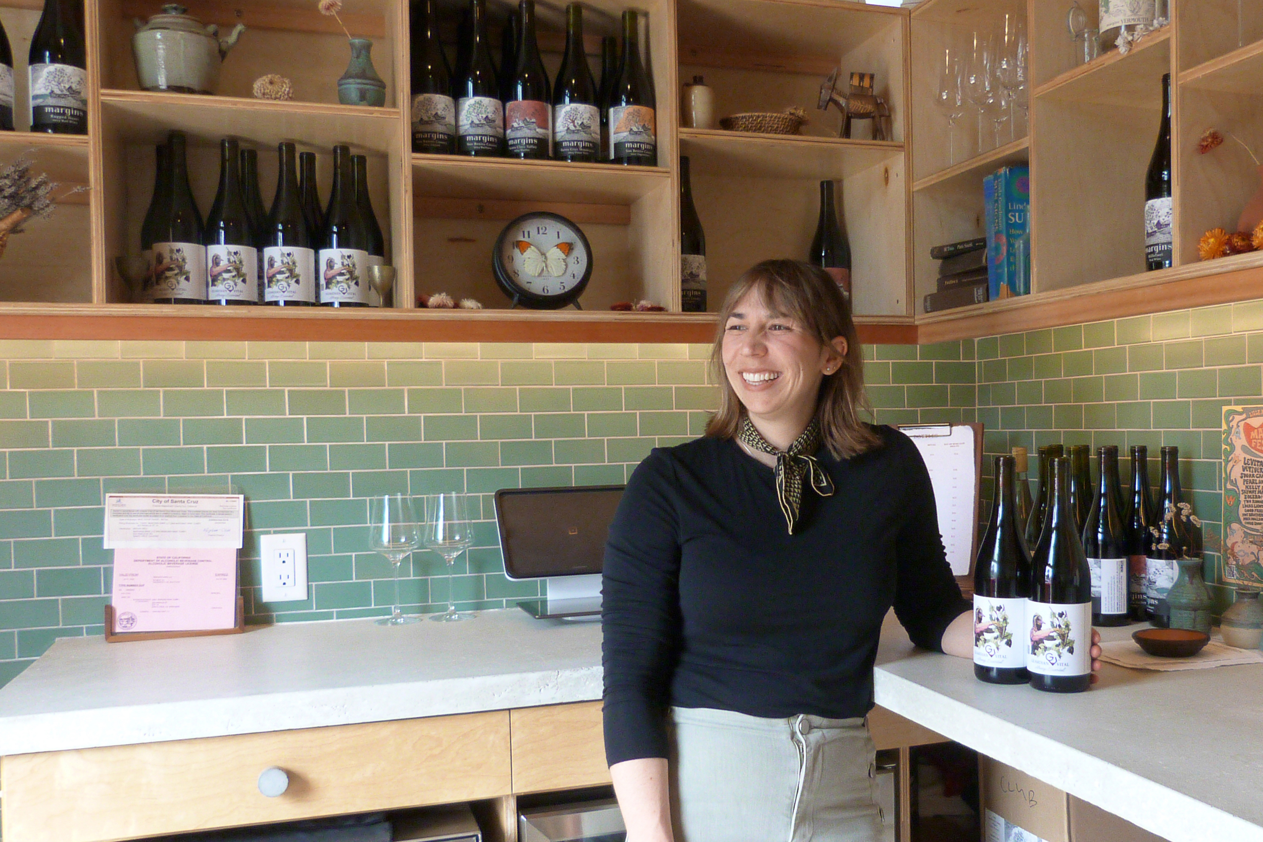 Megan Bell of Margins Wines was one of the first winemakers to bottle a wine with the Guardian Vital label, which requires wineries to respect vineyard workers’ rights and shun toxic chemicals in the vineyard. Credit: Liza Gross/Inside Climate News