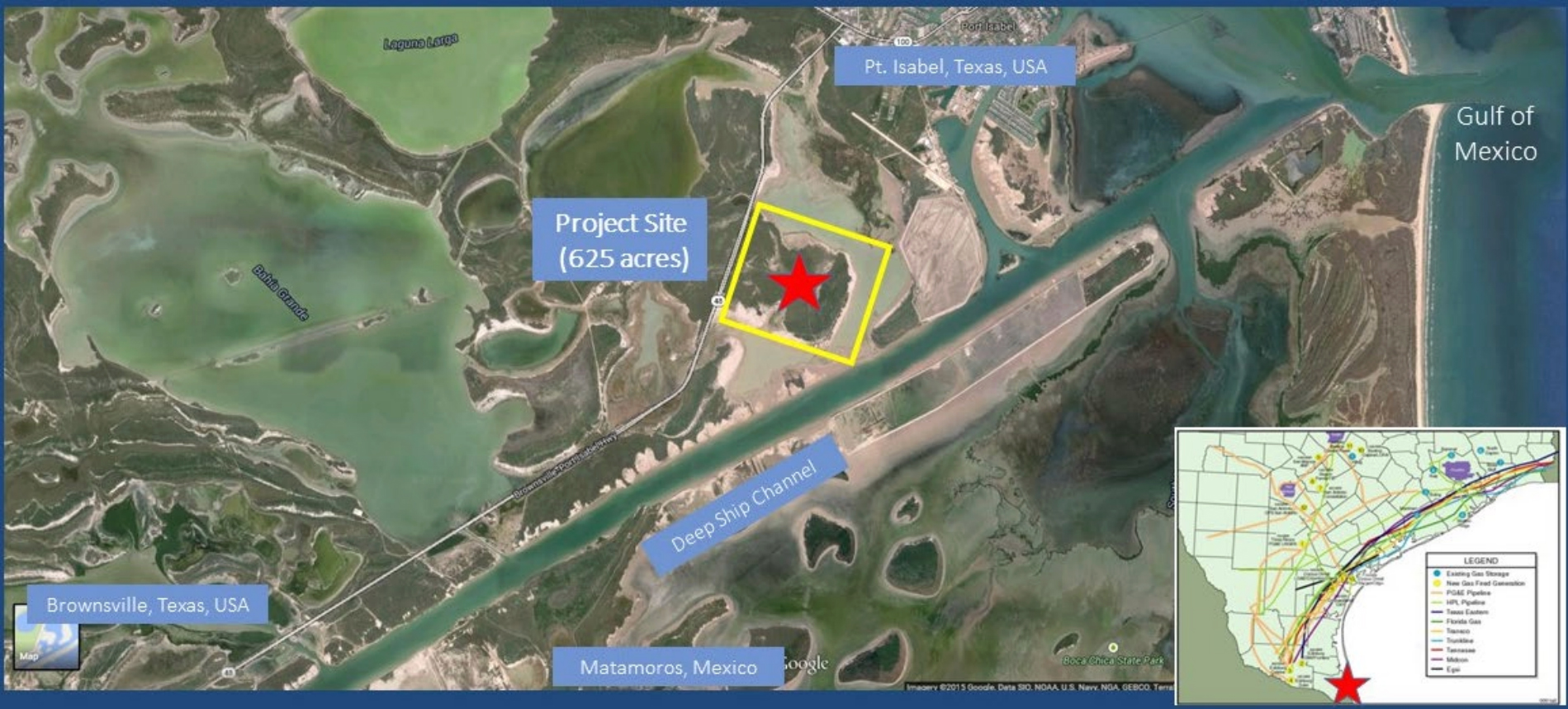 A map in Texas LNG’s December 2025 tax abatement application shows the project’s 625-acre tract, including wetlands along the Brownsville Ship Channel, near the town of Port Isabel.