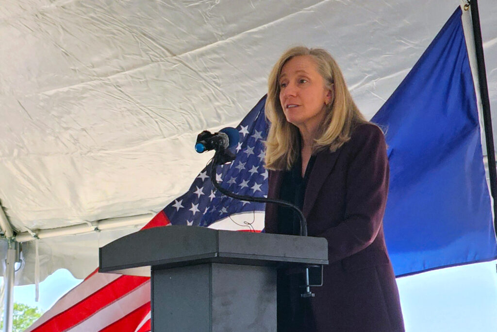 Gov. Abigail Spanberger speaks at a groundbreaking for Eaton, a manufacturer of data center computer racks. Credit: Charles Paullin/Inside Climate News
