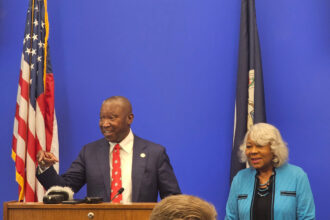 Virginia House Speaker Don Scott (left) and Senate President Pro Tempore Louise Lucas speak with reporters on Wednesday. Credit: Charles Paullin/Inside Climate News