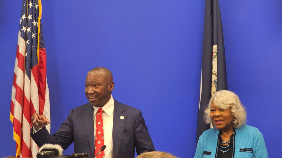 Virginia House Speaker Don Scott (left) and Senate President Pro Tempore Louise Lucas speak with reporters on Wednesday. Credit: Charles Paullin/Inside Climate News