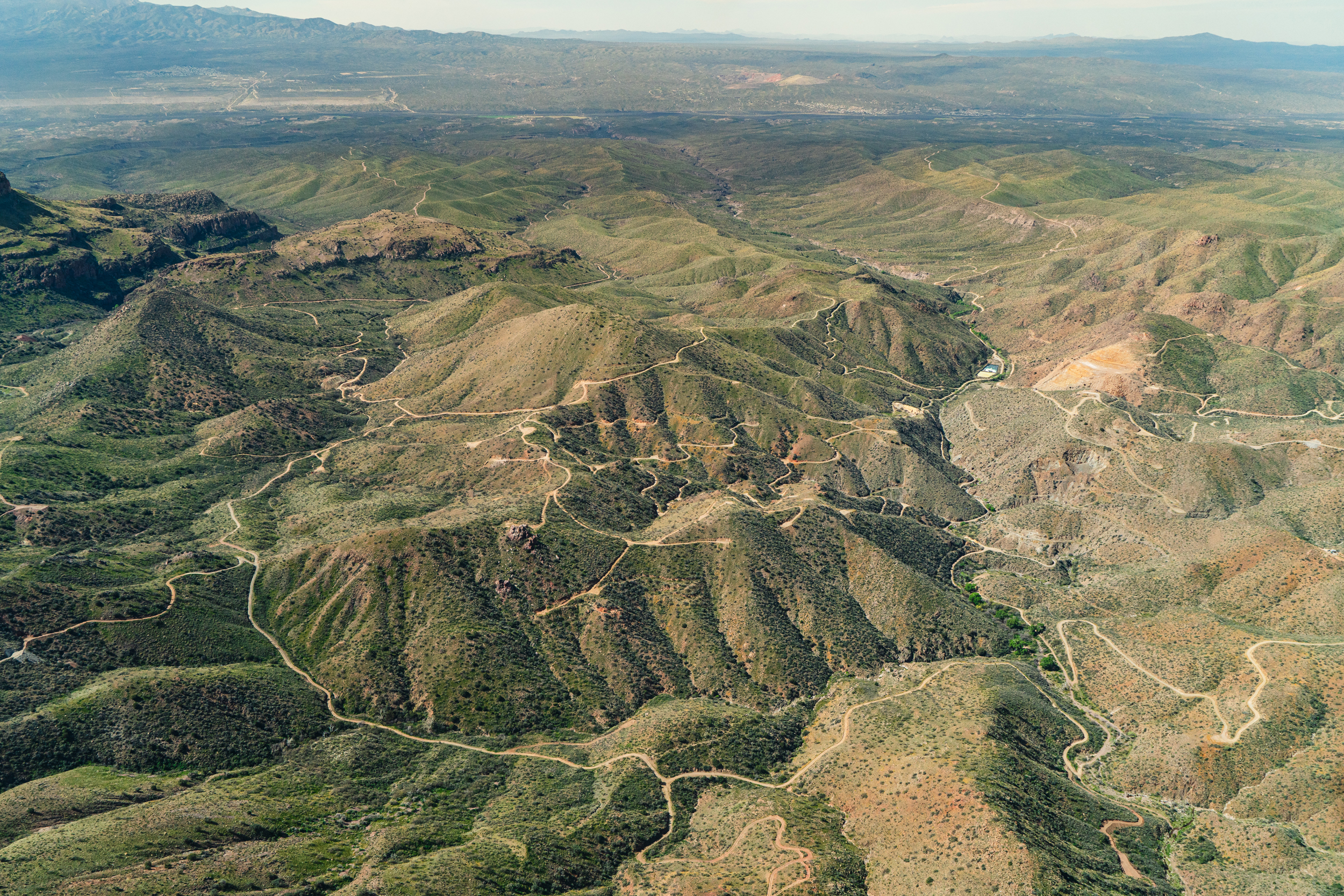 An aerial view of roads leading into the Copper Creek project area near Mammoth, Ariz. Credit: EcoFlight