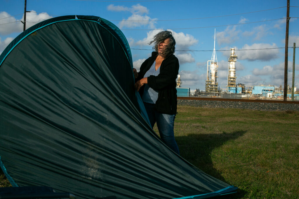 Diane Wilson sets up a tent on the first day of her hunger strike outside Dow’s Seadrift complex on March 2.