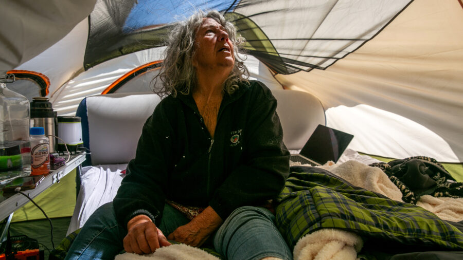 Diane Wilson sits in her tent, 14 days into her hunger strike, outside Dow’s Seadrift complex on March 16.
