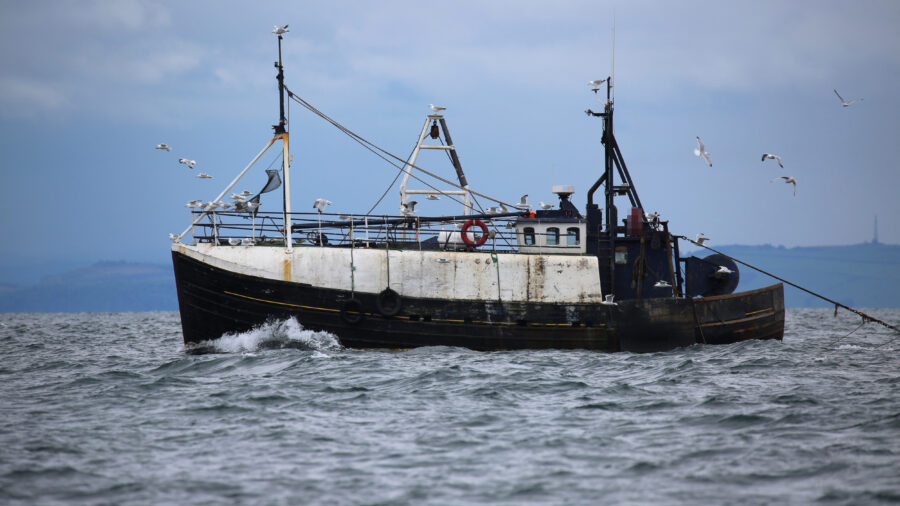 A bottom trawling boat is seen at sea. Credit: Open Seas/National Geographic Pristine Seas