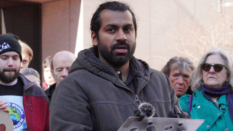 Nazir Khan, co-founder of the Minnesota Environmental Justice Table, speaks during a rally on Friday at the Hennepin County Government Center near City Hall to launch a hunger strike against a polluting trash incinerator. Credit: Courtesy of Geoff Dittberner/Zero Burn Coalition